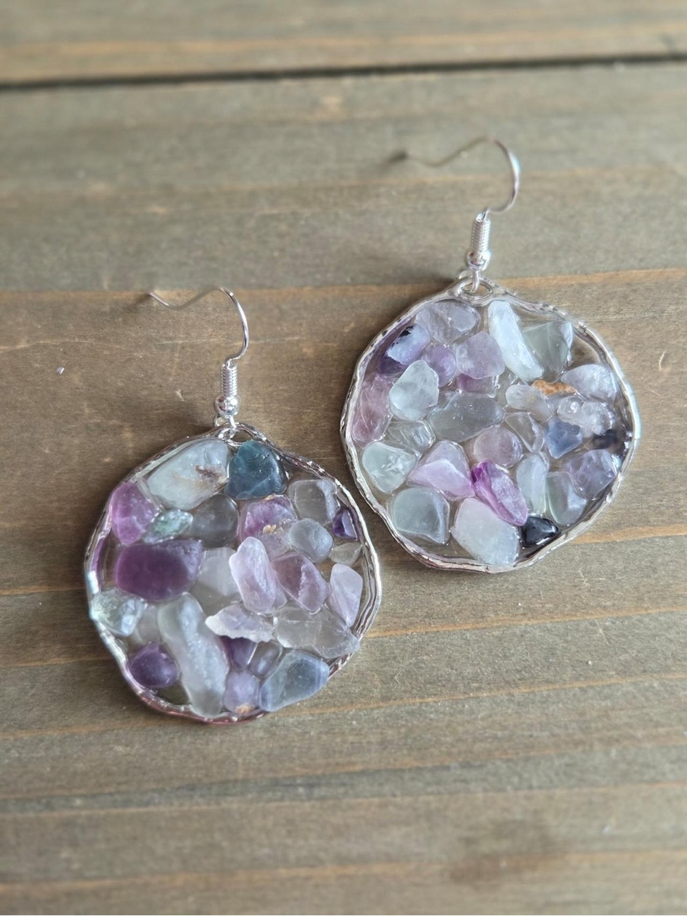 Handmade Mixed Gemstone Chip Round Drop Earrings - Silver Tone